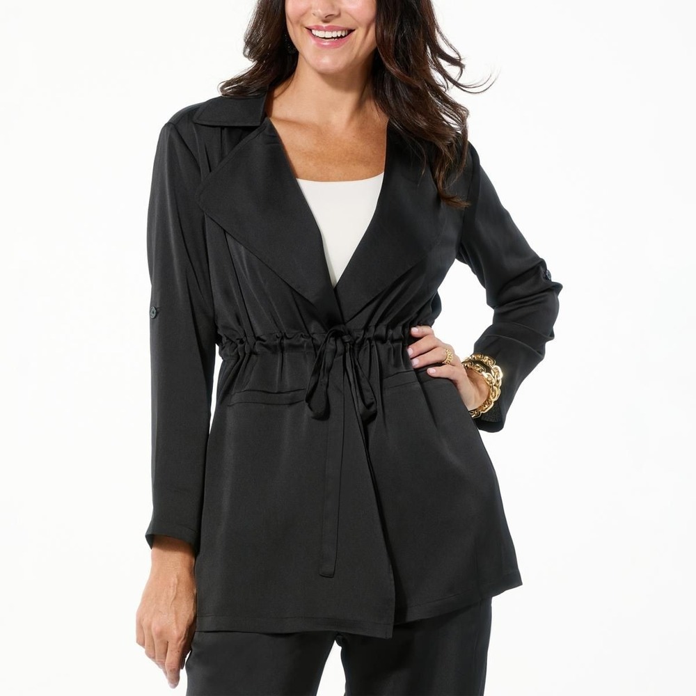 Nina Leonard Women's Hammered Satin Drawstring Waist Jacket - Black - XL